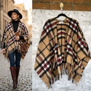 Edinburgh 100% Lambswool Plaid Poncho Wrap | Tan Check Heritage Cape Aesthetic